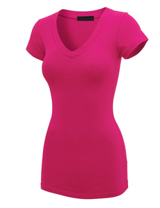 WT1606 Womens Basic Fitted Short Sleeve V-Neck T Shirt