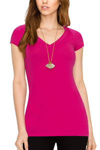 WT1606 Womens Basic Fitted Short Sleeve V-Neck T Shirt