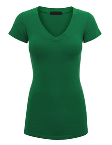 WT1606 Womens Basic Fitted Short Sleeve V-Neck T Shirt