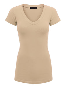 WT1606 Womens Basic Fitted Short Sleeve V-Neck T Shirt