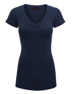WT1606 Womens Basic Fitted Short Sleeve V-Neck T Shirt