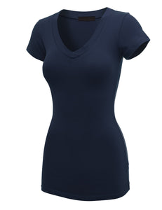 WT1606 Womens Basic Fitted Short Sleeve V-Neck T Shirt