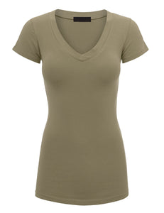 WT1606 Womens Basic Fitted Short Sleeve V-Neck T Shirt