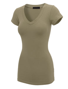 WT1606 Womens Basic Fitted Short Sleeve V-Neck T Shirt