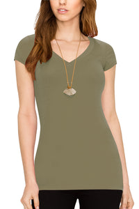 WT1606 Womens Basic Fitted Short Sleeve V-Neck T Shirt