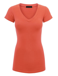 WT1606 Womens Basic Fitted Short Sleeve V-Neck T Shirt