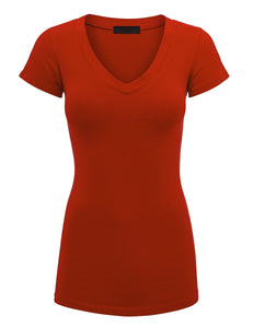 WT1606 Womens Basic Fitted Short Sleeve V-Neck T Shirt