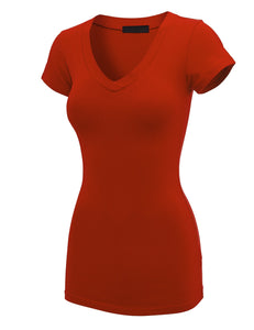 WT1606 Womens Basic Fitted Short Sleeve V-Neck T Shirt