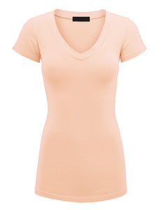 WT1606 Womens Basic Fitted Short Sleeve V-Neck T Shirt