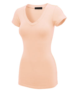 WT1606 Womens Basic Fitted Short Sleeve V-Neck T Shirt
