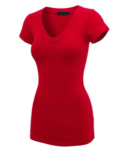 WT1606 Womens Basic Fitted Short Sleeve V-Neck T Shirt