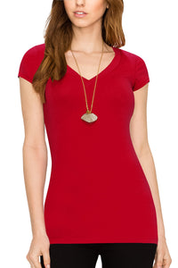 WT1606 Womens Basic Fitted Short Sleeve V-Neck T Shirt