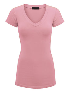 WT1606 Womens Basic Fitted Short Sleeve V-Neck T Shirt