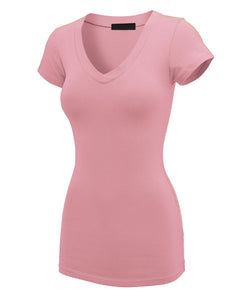 WT1606 Womens Basic Fitted Short Sleeve V-Neck T Shirt
