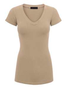 WT1606 Womens Basic Fitted Short Sleeve V-Neck T Shirt