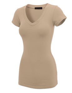 WT1606 Womens Basic Fitted Short Sleeve V-Neck T Shirt