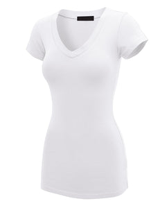 WT1606 Womens Basic Fitted Short Sleeve V-Neck T Shirt