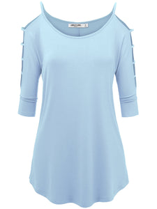 WT1803 Womens 3/4 sleeve Hollowed Out Shoulder Top T Shirts