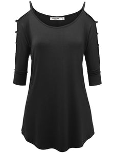WT1803 Womens 3/4 sleeve Hollowed Out Shoulder Top T Shirts