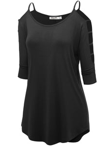 WT1803 Womens 3/4 sleeve Hollowed Out Shoulder Top T Shirts