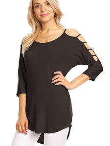 WT1803 Womens 3/4 sleeve Hollowed Out Shoulder Top T Shirts