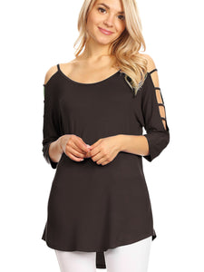 WT1803 Womens 3/4 sleeve Hollowed Out Shoulder Top T Shirts