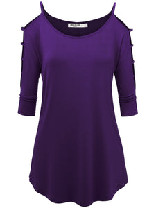 WT1803 Womens 3/4 sleeve Hollowed Out Shoulder Top T Shirts
