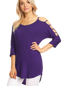 WT1803 Womens 3/4 sleeve Hollowed Out Shoulder Top T Shirts