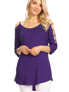 WT1803 Womens 3/4 sleeve Hollowed Out Shoulder Top T Shirts