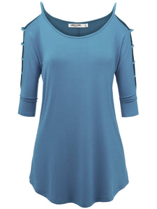 WT1803 Womens 3/4 sleeve Hollowed Out Shoulder Top T Shirts