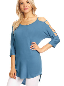 WT1803 Womens 3/4 sleeve Hollowed Out Shoulder Top T Shirts