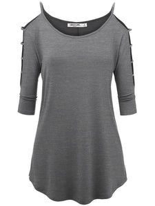 WT1803 Womens 3/4 sleeve Hollowed Out Shoulder Top T Shirts