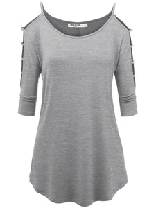 WT1803 Womens 3/4 sleeve Hollowed Out Shoulder Top T Shirts