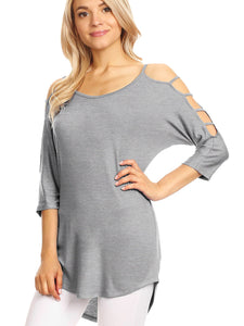 WT1803 Womens 3/4 sleeve Hollowed Out Shoulder Top T Shirts