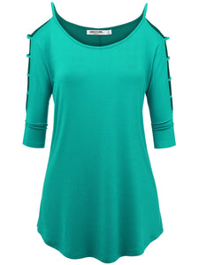WT1803 Womens 3/4 sleeve Hollowed Out Shoulder Top T Shirts