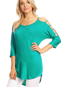 WT1803 Womens 3/4 sleeve Hollowed Out Shoulder Top T Shirts