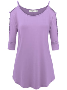 WT1803 Womens 3/4 sleeve Hollowed Out Shoulder Top T Shirts