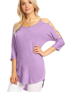 WT1803 Womens 3/4 sleeve Hollowed Out Shoulder Top T Shirts