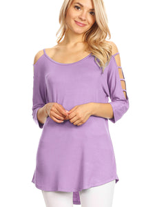 WT1803 Womens 3/4 sleeve Hollowed Out Shoulder Top T Shirts