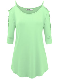 WT1803 Womens 3/4 sleeve Hollowed Out Shoulder Top T Shirts