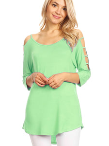 WT1803 Womens 3/4 sleeve Hollowed Out Shoulder Top T Shirts