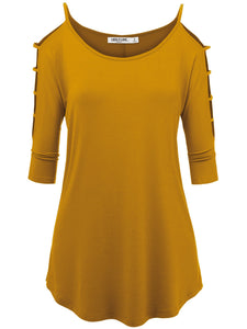 WT1803 Womens 3/4 sleeve Hollowed Out Shoulder Top T Shirts