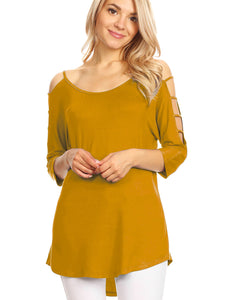 WT1803 Womens 3/4 sleeve Hollowed Out Shoulder Top T Shirts