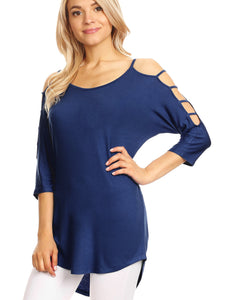 WT1803 Womens 3/4 sleeve Hollowed Out Shoulder Top T Shirts