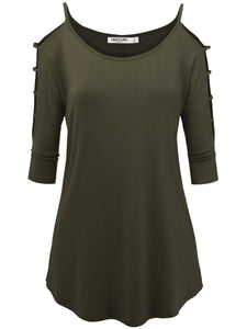 WT1803 Womens 3/4 sleeve Hollowed Out Shoulder Top T Shirts