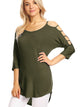WT1803 Womens 3/4 sleeve Hollowed Out Shoulder Top T Shirts
