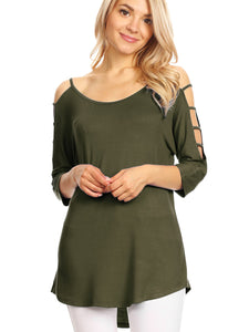 WT1803 Womens 3/4 sleeve Hollowed Out Shoulder Top T Shirts
