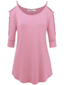 WT1803 Womens 3/4 sleeve Hollowed Out Shoulder Top T Shirts