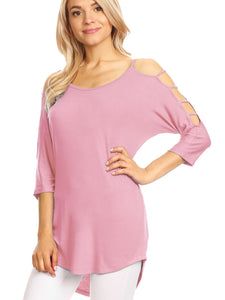 WT1803 Womens 3/4 sleeve Hollowed Out Shoulder Top T Shirts