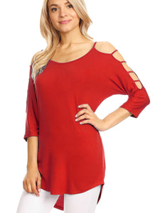 WT1803 Womens 3/4 sleeve Hollowed Out Shoulder Top T Shirts